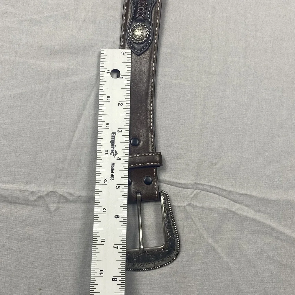 Western Tooled Genuine Leather Belt Men's Brown Engraved Buckle Cowboy 38 - 40 - Picture 12 of 15